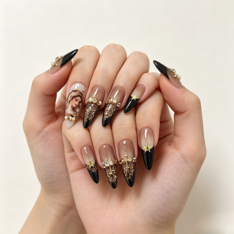 Handmade Dark Gothic Long Stiletto Press On Nails - Vintage Nude Ombre Fake Nails with Gold Glitter & Charms