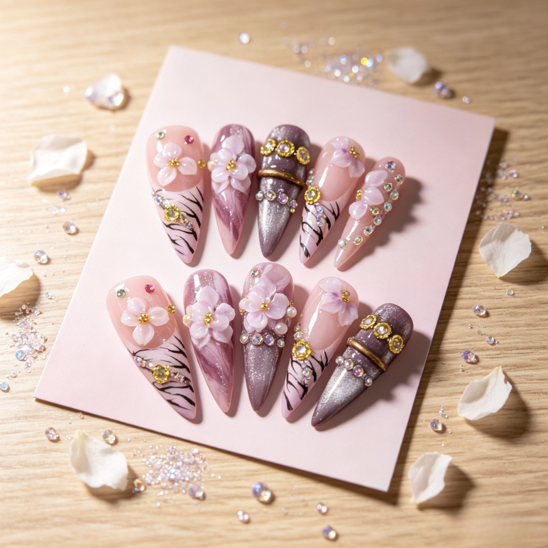 Miya's liveing stream  Aelunya Handmade - Enchanted Floral & Gold Long Stiletto Press On Nails