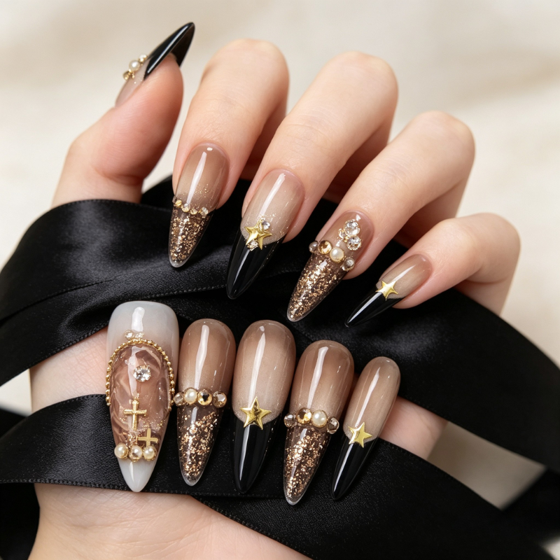Handmade Dark Gothic Long Stiletto Press On Nails - Vintage Nude Ombre Fake Nails with Gold Glitter & Charms