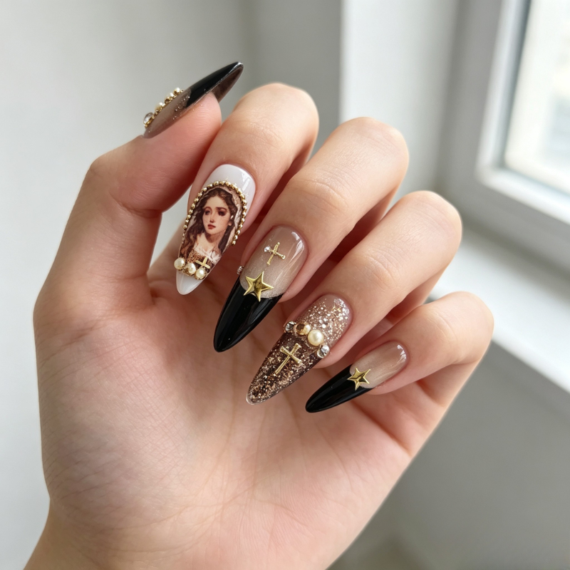 Handmade Dark Gothic Long Stiletto Press On Nails - Vintage Nude Ombre Fake Nails with Gold Glitter & Charms