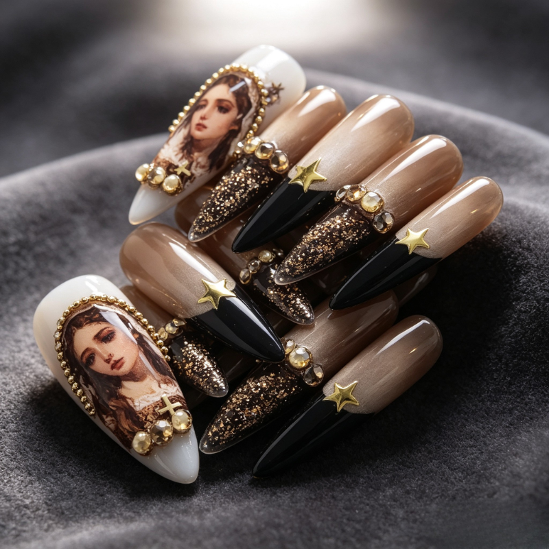 Handmade Dark Gothic Long Stiletto Press On Nails - Vintage Nude Ombre Fake Nails with Gold Glitter & Charms