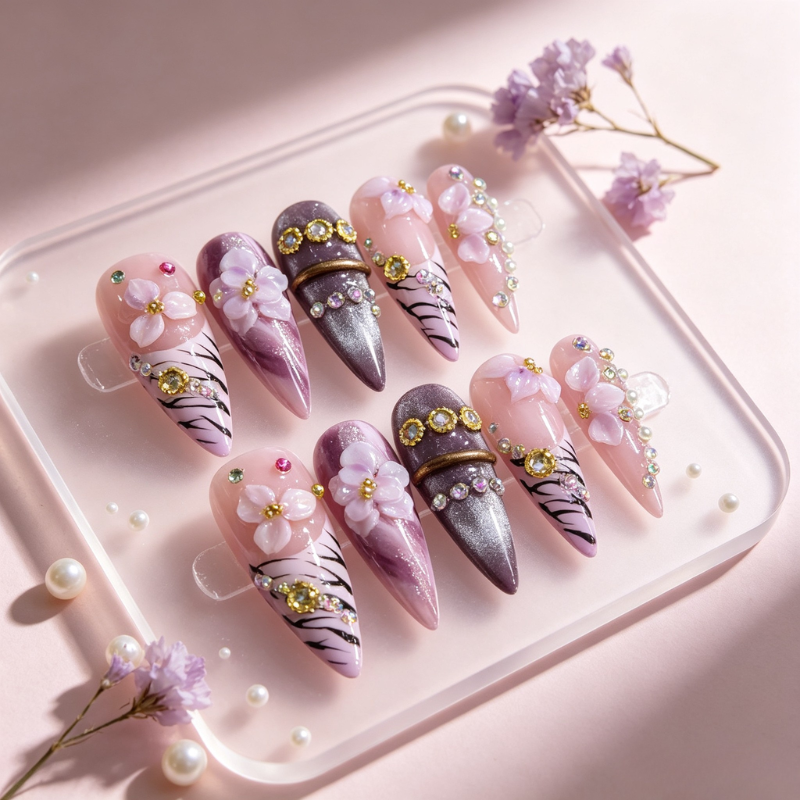 Miya's liveing stream  Aelunya Handmade - Enchanted Floral & Gold Long Stiletto Press On Nails