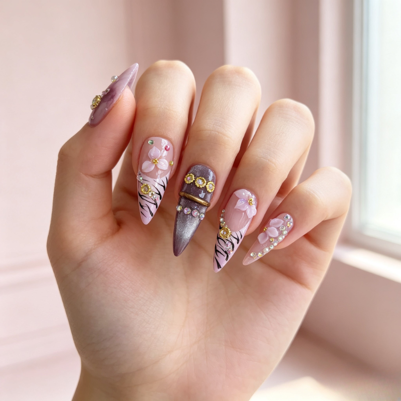 Miya's liveing stream  Aelunya Handmade - Enchanted Floral & Gold Long Stiletto Press On Nails
