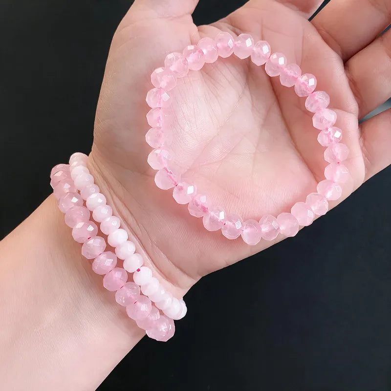 Natural Pink Crystal Bracelet, Faceted Disc Beads Single‑Loop Bangle, Fashion Jewelry