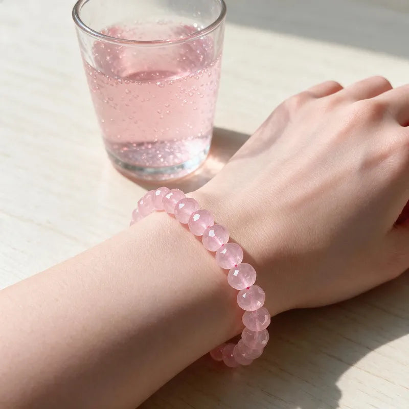 Natural Pink Crystal Bracelet, Faceted Disc Beads Single‑Loop Bangle, Fashion Jewelry