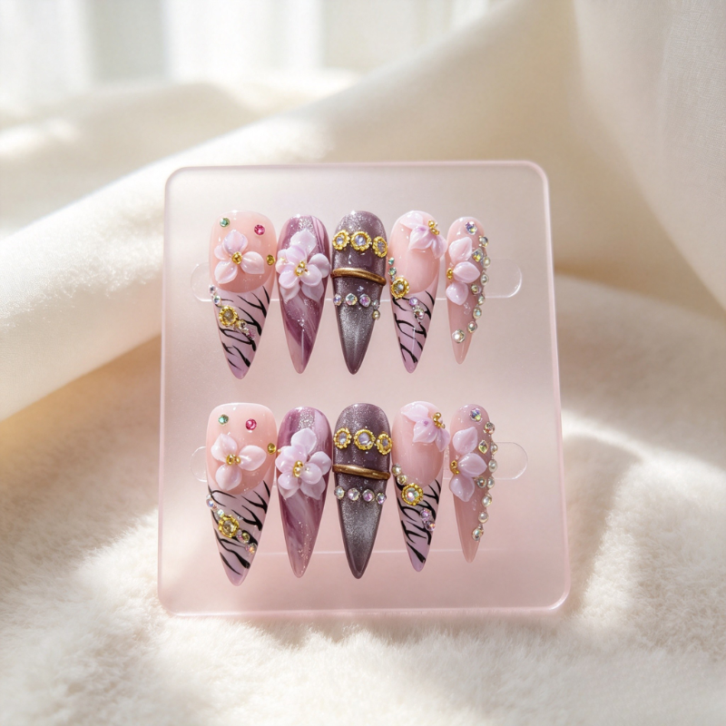 Miya's liveing stream  Aelunya Handmade - Enchanted Floral & Gold Long Stiletto Press On Nails