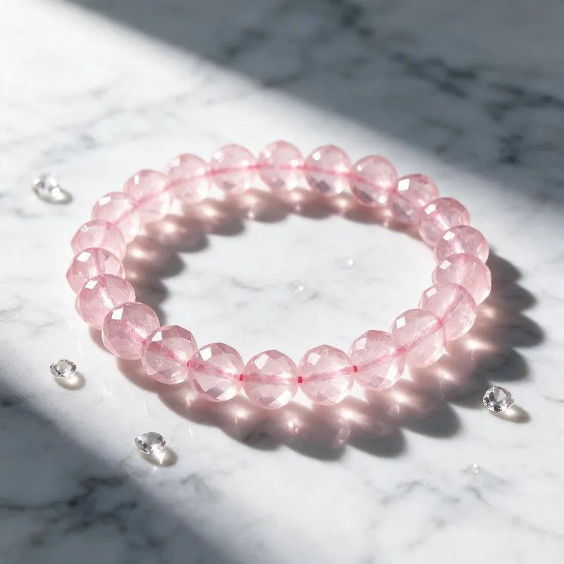 Natural Pink Crystal Bracelet, Faceted Disc Beads Single‑Loop Bangle, Fashion Jewelry