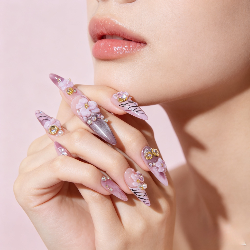 Miya's liveing stream  Aelunya Handmade - Enchanted Floral & Gold Long Stiletto Press On Nails