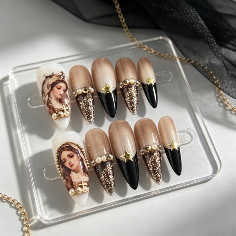 Handmade Dark Gothic Long Stiletto Press On Nails - Vintage Nude Ombre Fake Nails with Gold Glitter & Charms